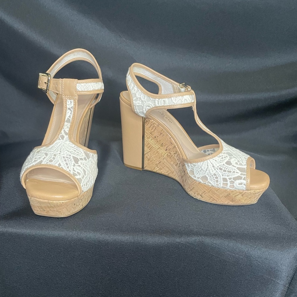 Antonio Melani Selenna Nude and White Lace Wedge Size 9